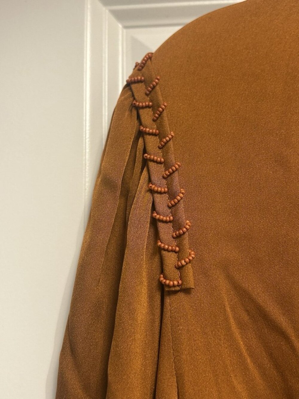 Kobi Halperin Shirt Medium Silk Stretch Beaded Peasant Blouse Burnt Orange Beads - Picture 9 of 16